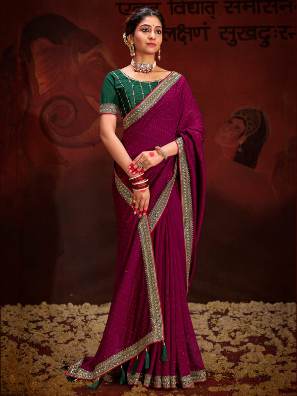 Astonishing Wine Heavy Lace Work Silk Festival Wear Saree With Blouse