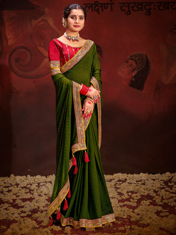 Incredible Green Heavy Lace Work Silk Event Wear Saree With Blouse