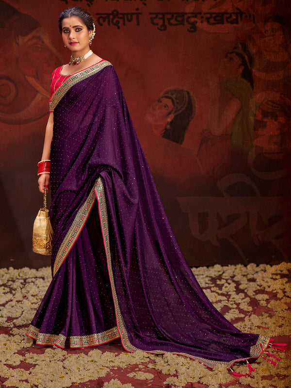 Fantastic Purple Heavy Lace Work Silk Wedding Saree With Blouse