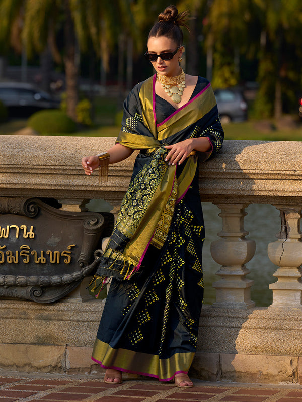 Black Banarasi Silk Saree With Blouse Piece