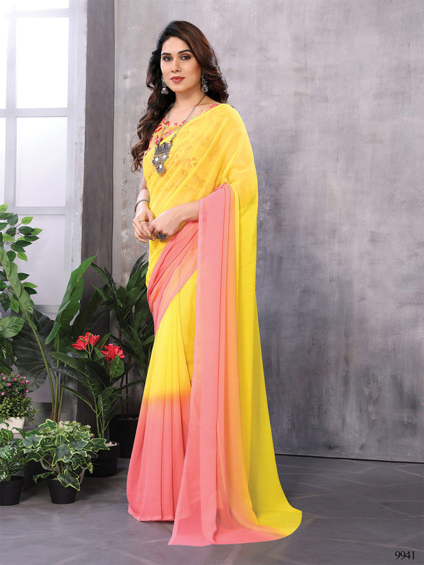 Yellow & Pink Georgette Saree With Blouse Piece