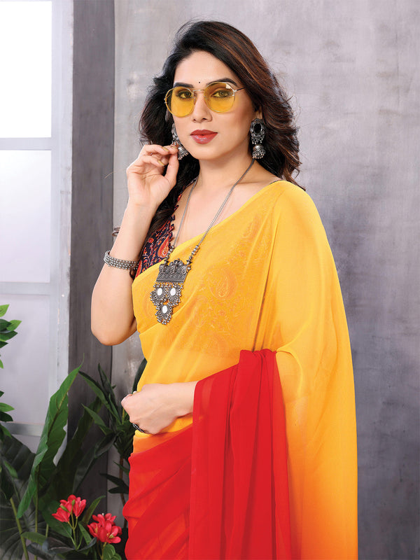 Yellow & Red Georgette Saree With Blouse Piece