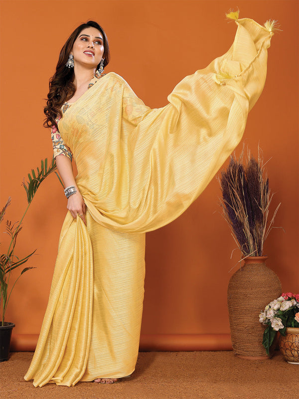 Yellow Polyester Zari Saree With Blouse Piece