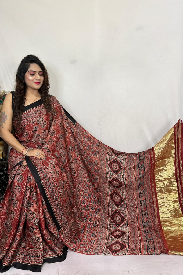 Spicy Mix Brown Ajrakh Modal Handblock Printed Silk Saree