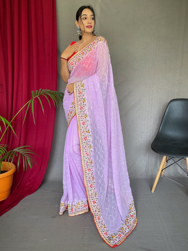 Bewitching Lavender Sequins Georgette Festival Wear Saree With Blouse