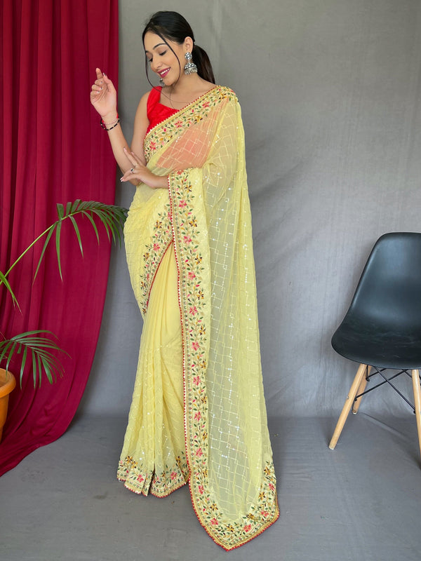 Attractive Yellow Sequins Georgette Haldi Wear Saree With Blouse