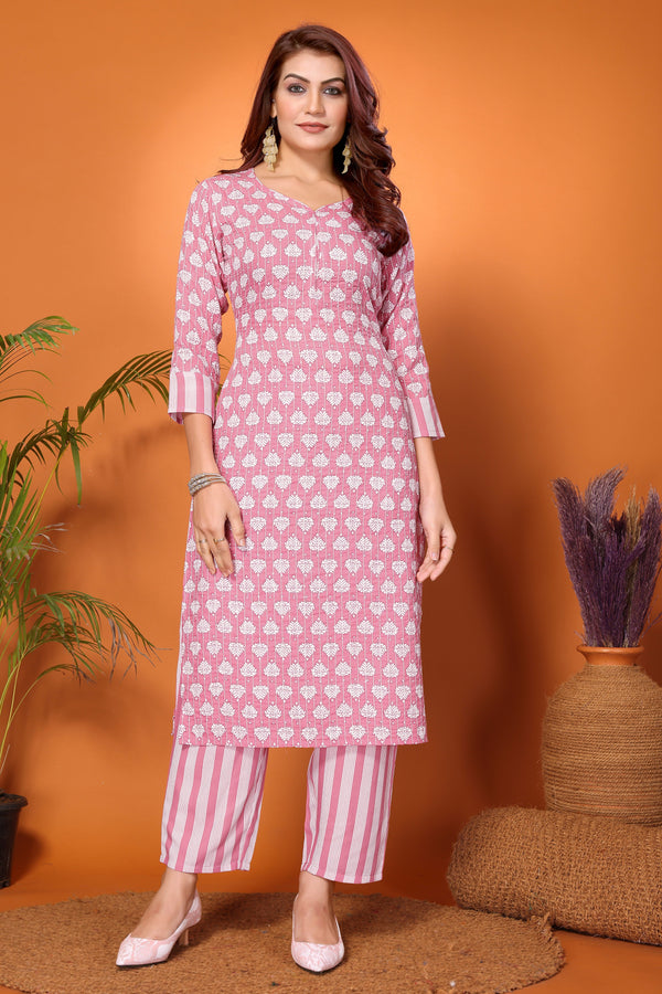 Ethnic Set Women Pink Embroidered Kurta and Pant Ethnic Set