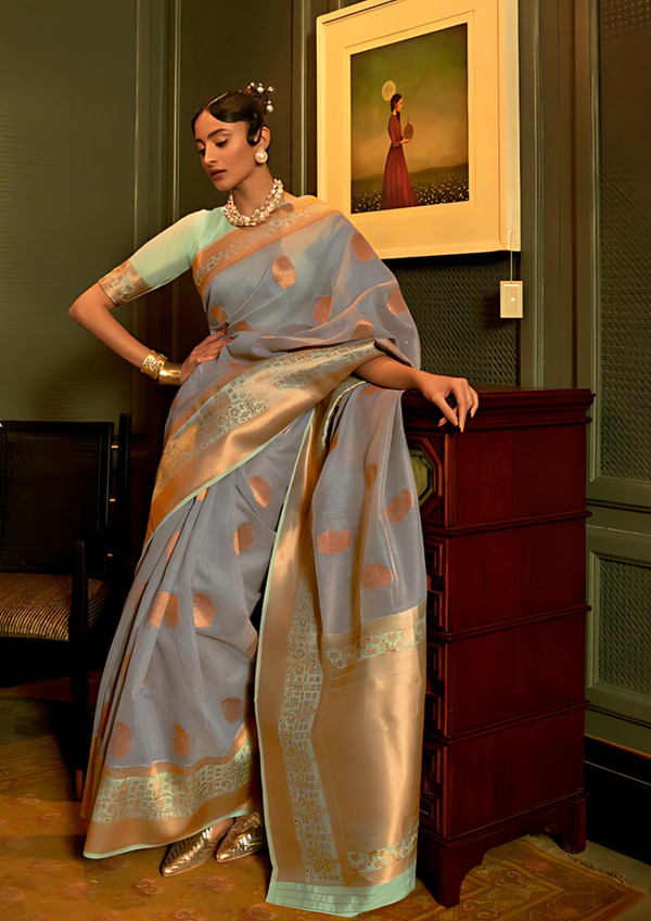 Blue and copper Linen Silk Saree