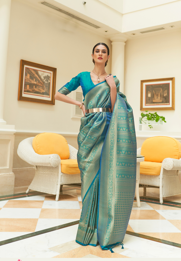 Teal Blue Kanjivaram Silk Saree