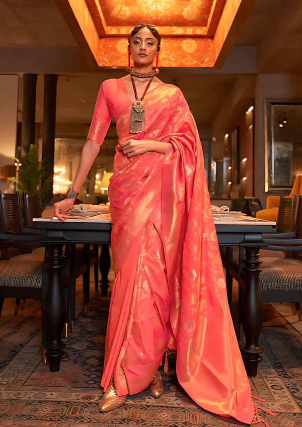 Coral Pink Banarsi Silk Saree