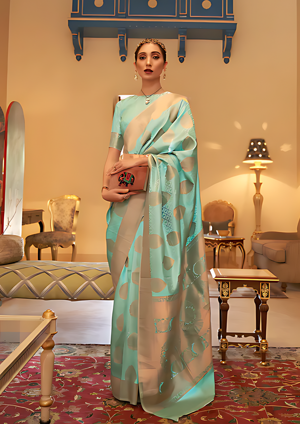 Cyan Blue Banarsi Silk Saree