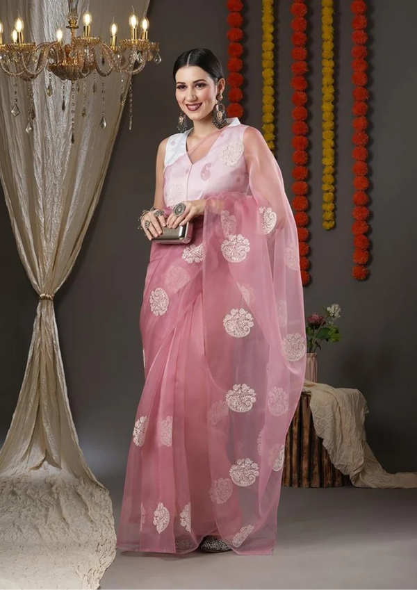 Mauve & White Floral Embroidered Organza Sarees