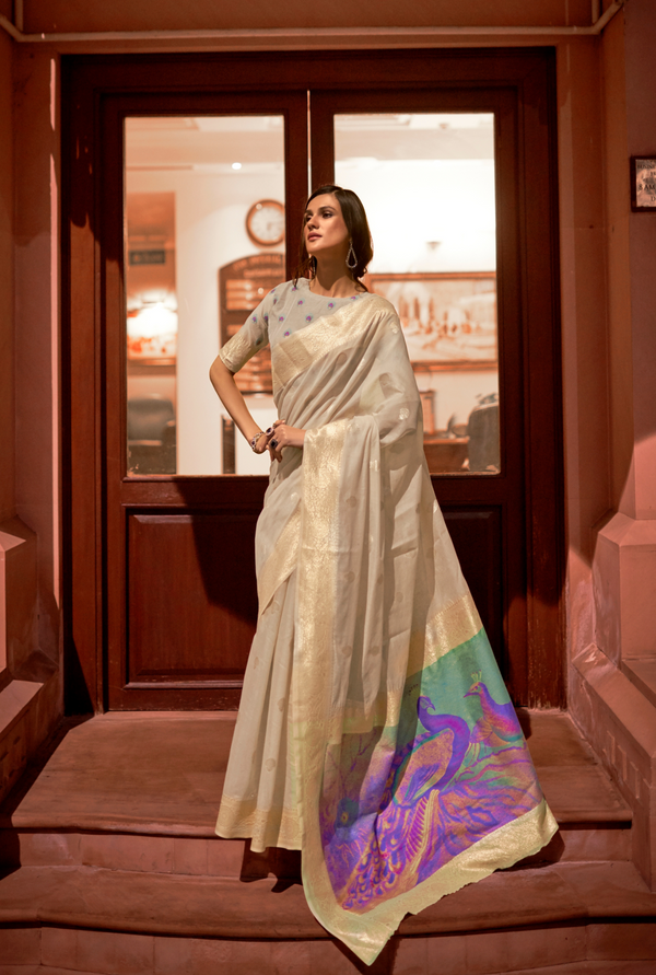 Off White Banarasi Silk Saree