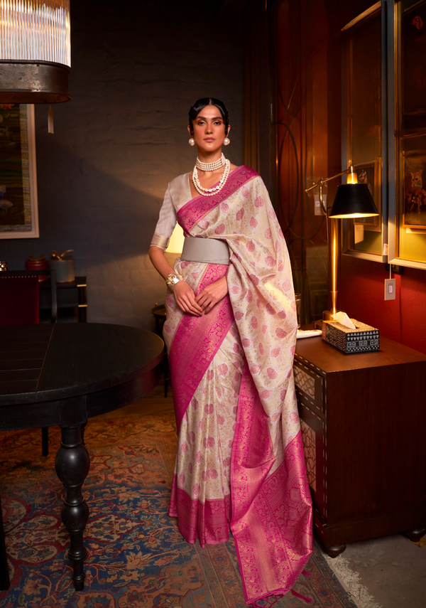 White and Pink Kanjivaram Silk Saree