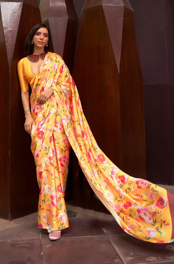 Yellow Printed Satin Crepe Saree