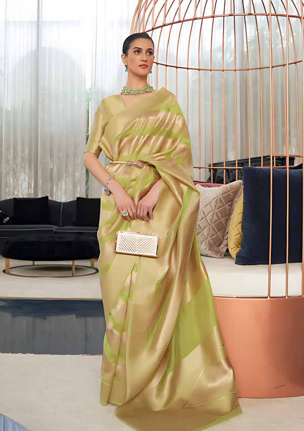 Gold and light green Woven Organza Saree