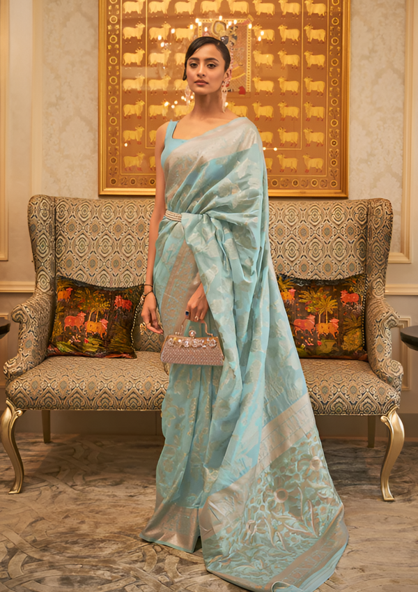 Sky Blue Cotton Silk Saree