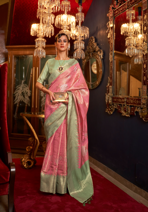 Watermelon Pink Banarsi Silk Saree