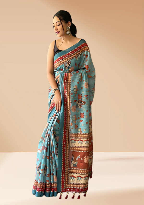 Cotton Bend Kalamkari Saree With Tassel