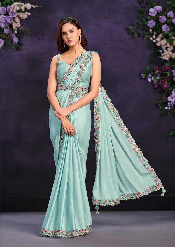 Satin Silk Embroidered Designer  Saree