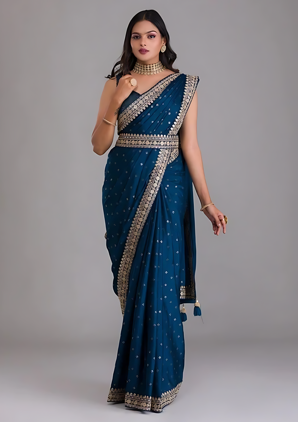 Peacock Blue Silk Saree with Zari and Sequins