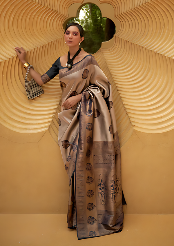 Beige and Black Two Tone Woven Silk Saree