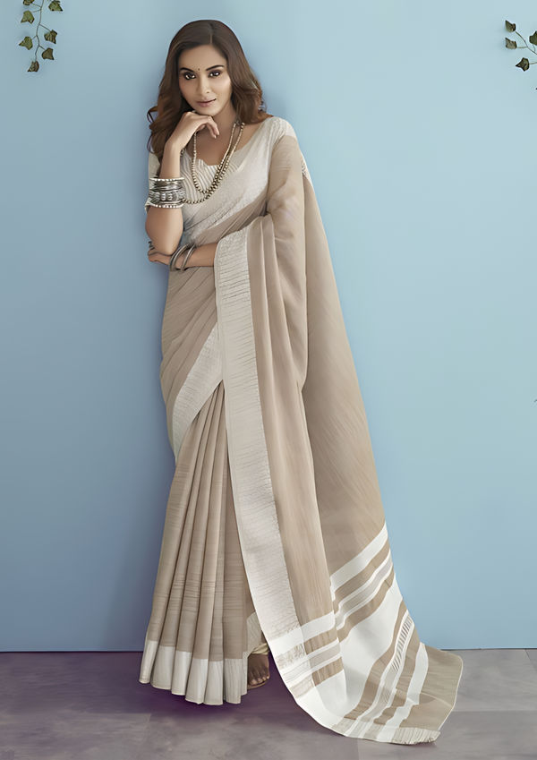 Grey & White Solid Linen Blend Saree