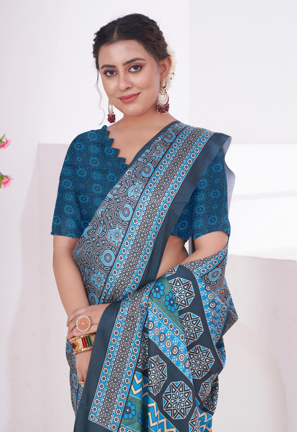 Ship Cove Blue Ajrakh Printed Satin Crepe Saree