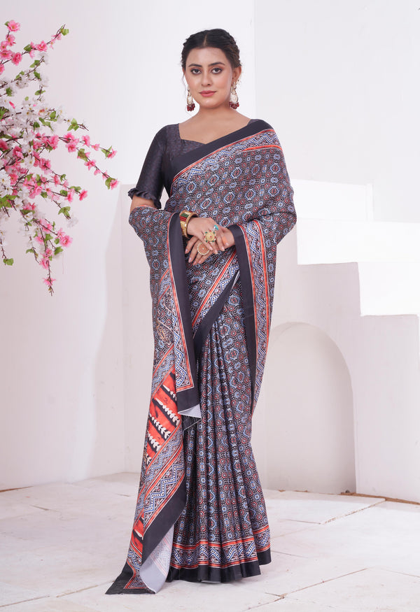 Topaz Black and Grey Ajrakh Printed Satin Crepe Saree