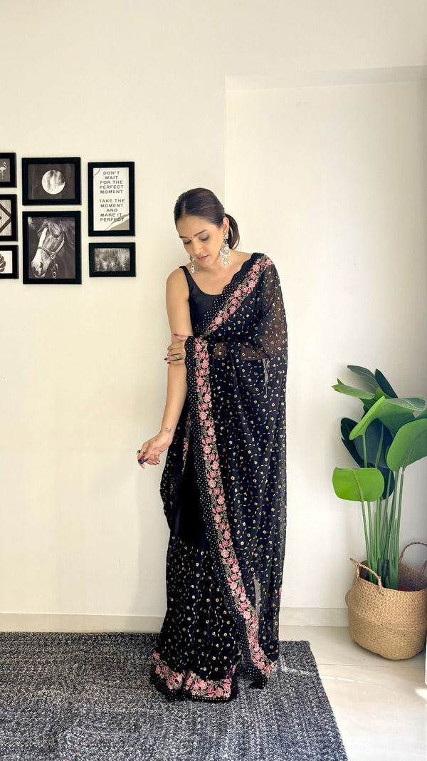 Black floral sequence saree