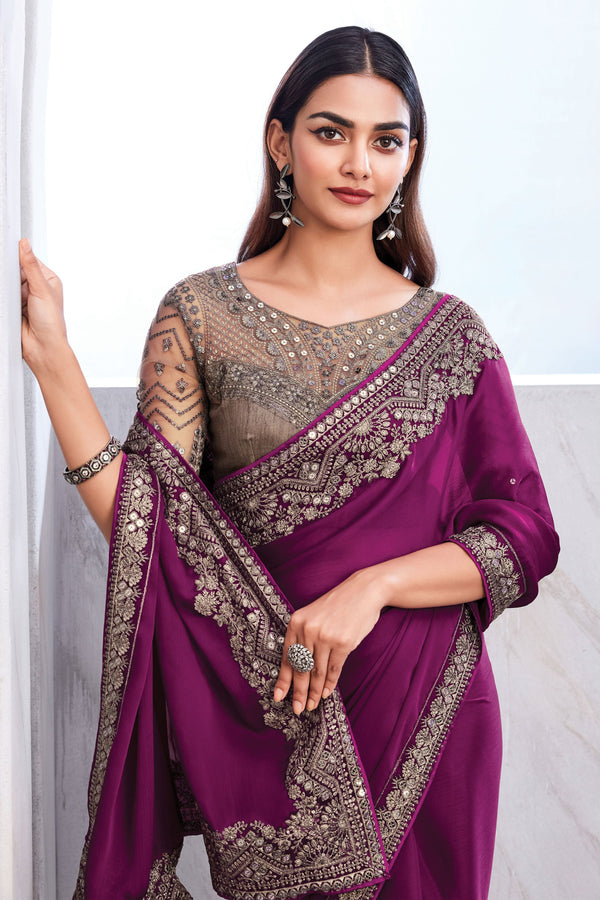 Wine Embroidered Silk Saree