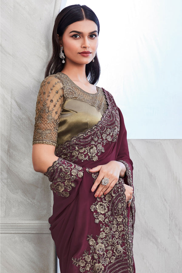 Wine Embroidered Silk Saree