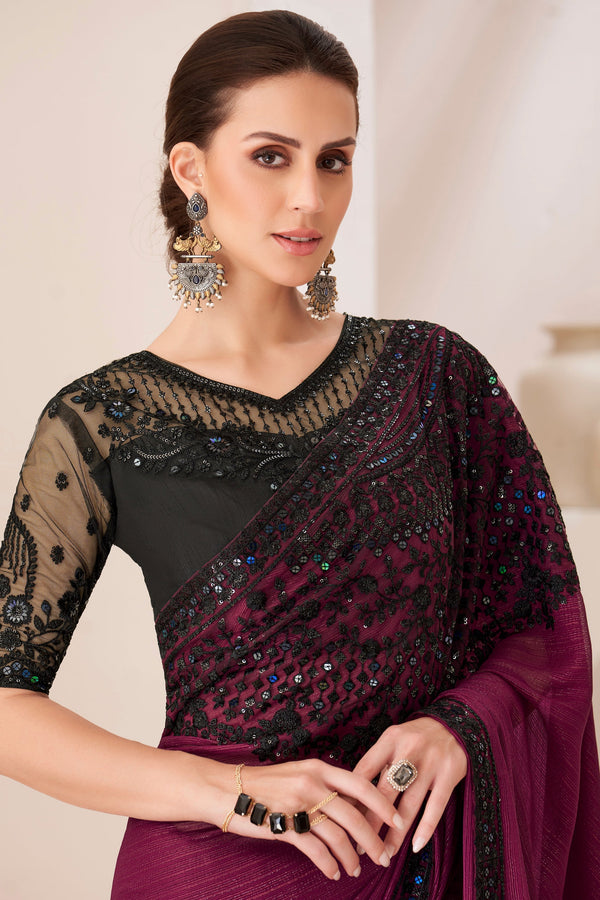 Wine Embroidered Georgette Saree