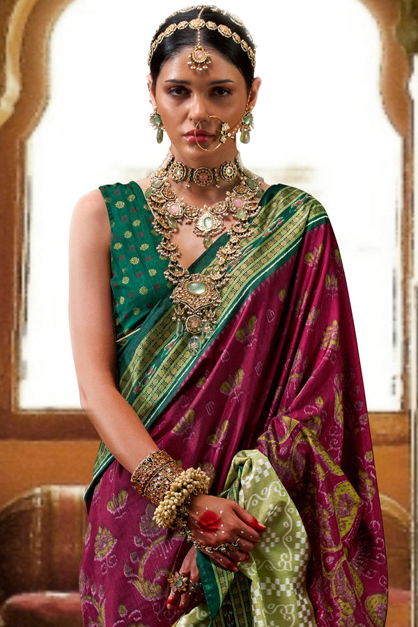 Wine Printed Silk Saree