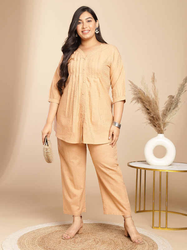 Plus Size Peach Cotton Jacquard Self Design Pleated Co-Ord Set