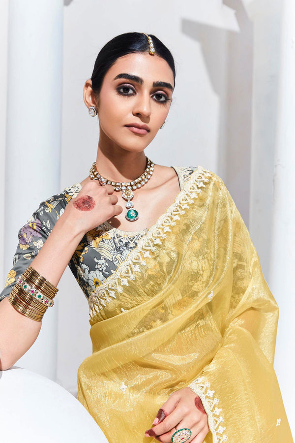 Yellow Embroidered Organza Saree