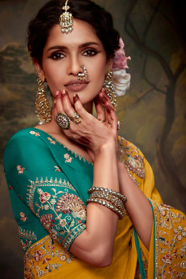 Yellow Embroidered Organza Saree