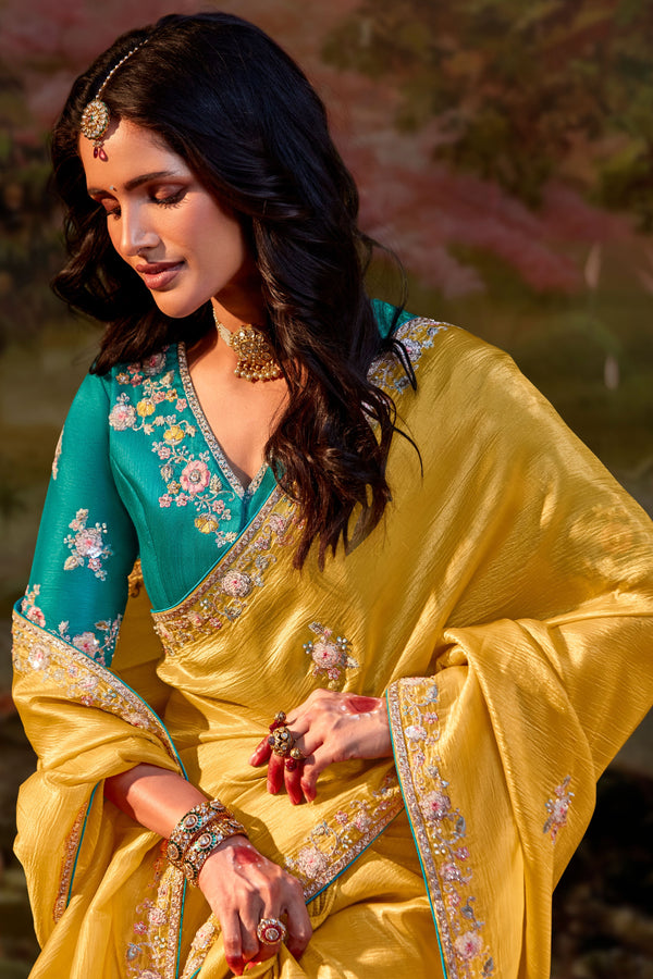 Yellow Embroidered Organza Saree