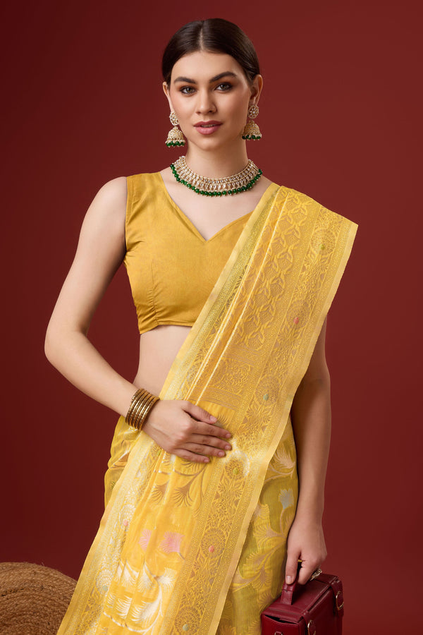 Yellow Printed Cotton Silk Saree