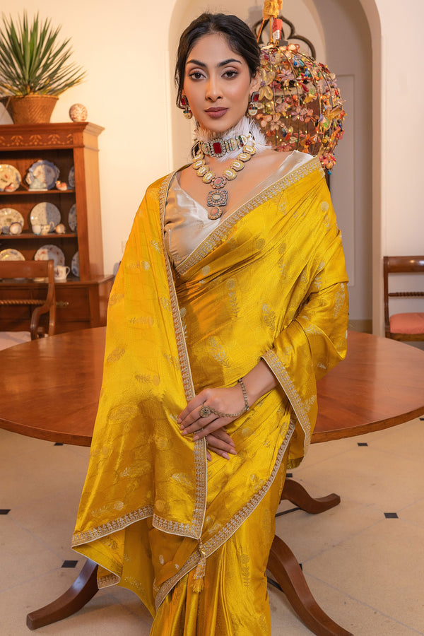 Yellow Satin Silk Saree