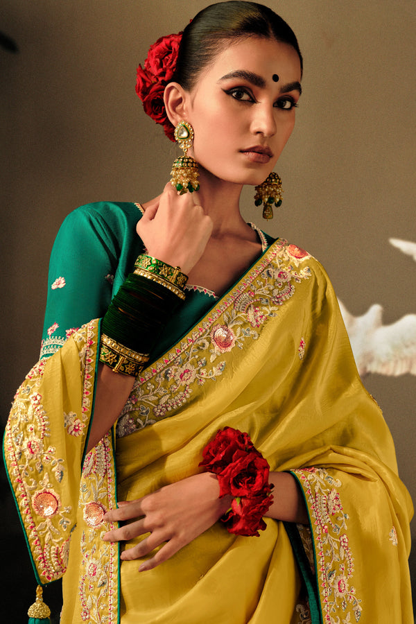 Yellow Silk Heavy Work Saree