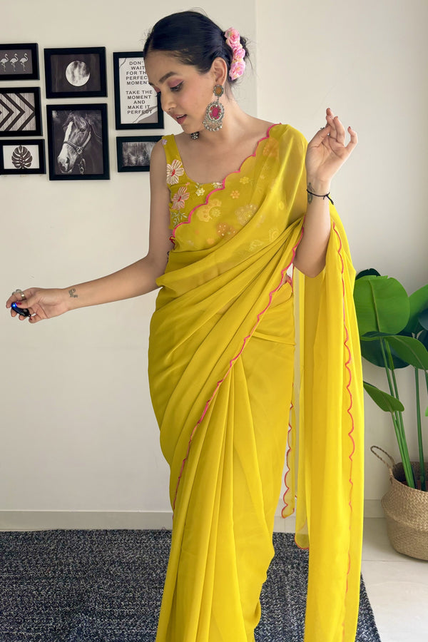 Yellow Plain Georgette Saree