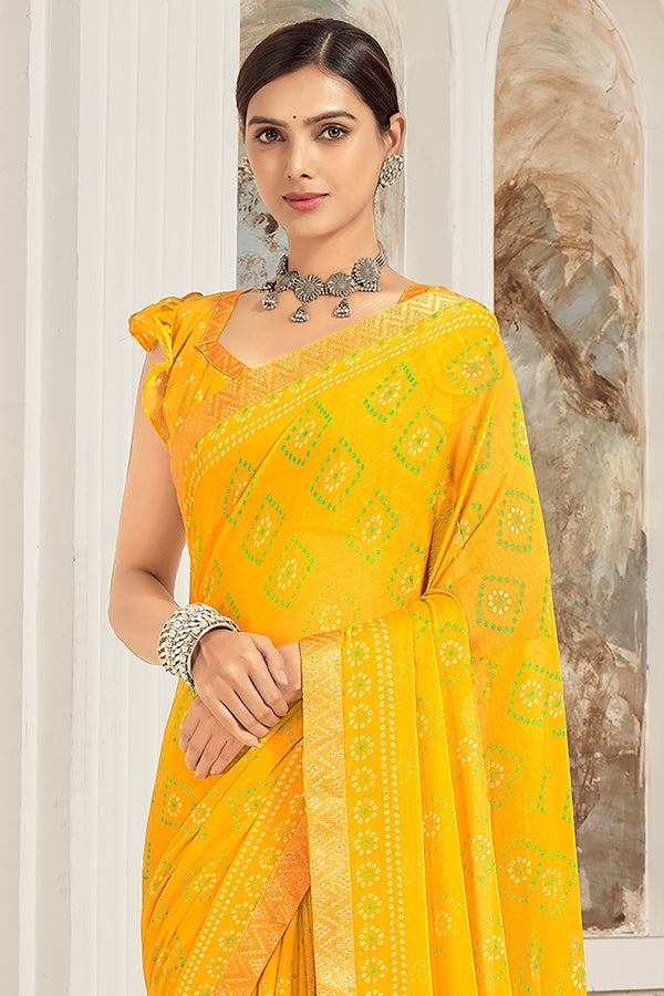 Yellow Printed Chiffon Saree