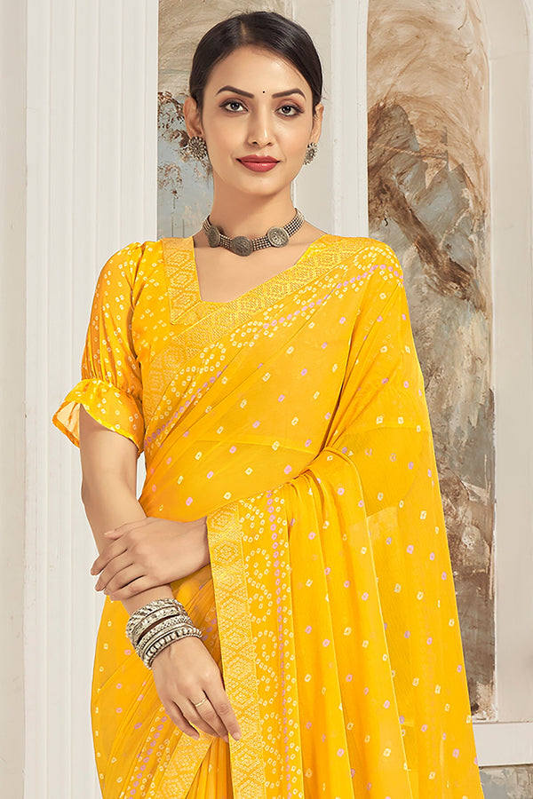 Yellow Printed Chiffon Saree