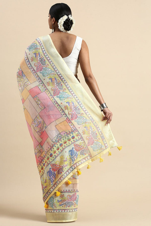 Yellow Printed Linen Saree