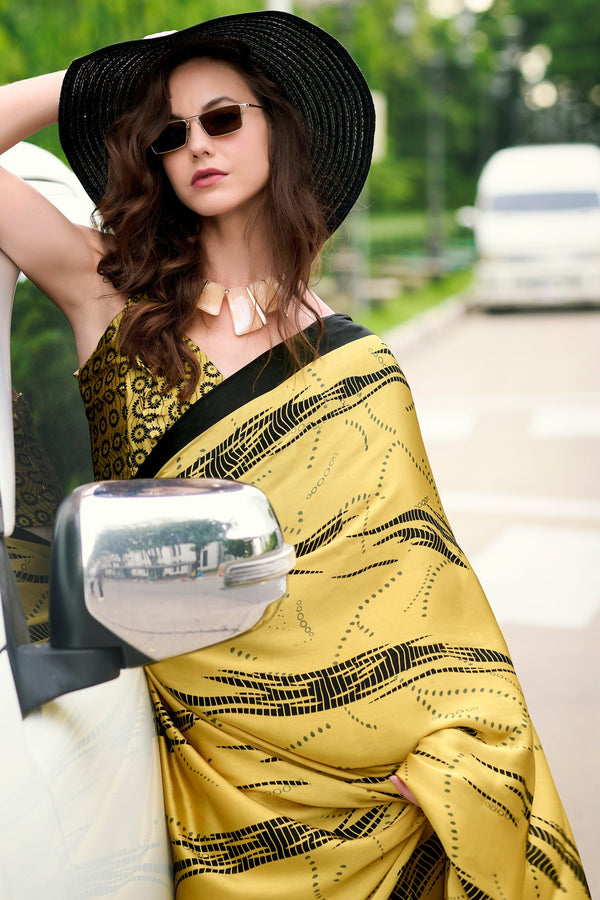 Yellow Printed Satin Saree