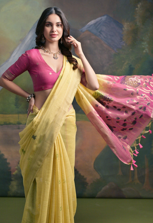 Yellow Woven Muga Cotton Saree