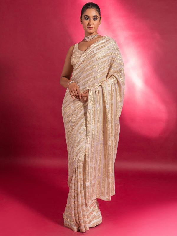 Charming Cream Sequins Georgette Party Wear Saree With Blouse