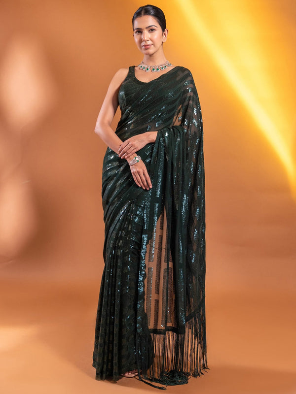 Attractive Dark Green Sequins Georgette Mehendi Wear Saree