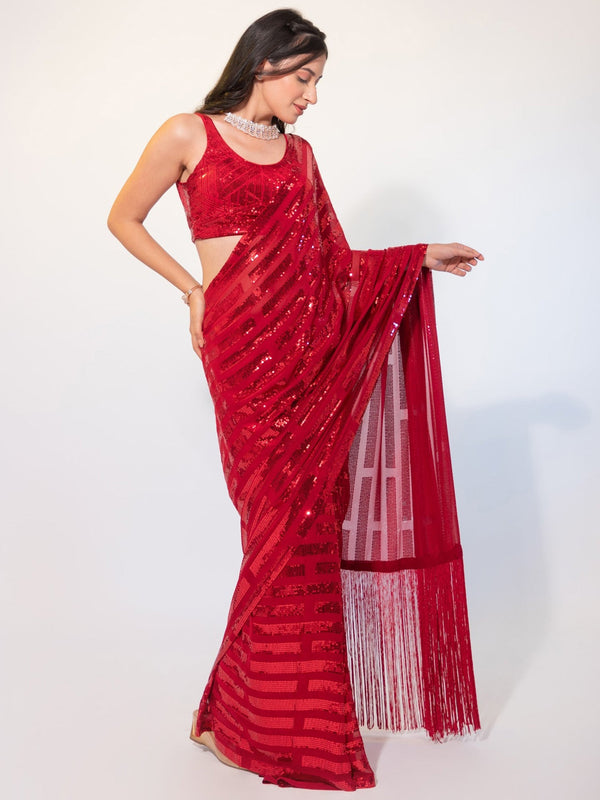 Gorgeous Red Sequins Georgette Party Wear Saree With Blouse